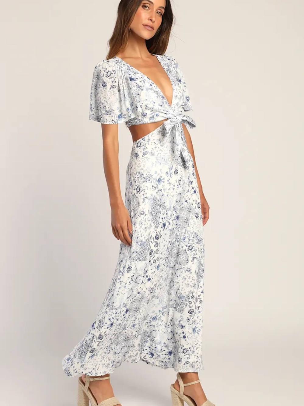 Lulus Stroll the Avenues Floral Cutout Tie Front Maxi Dress S Resort EUC